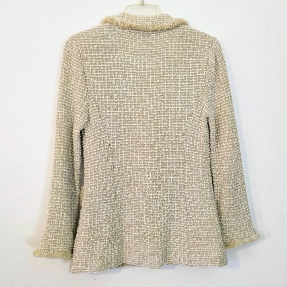 St. John Tweed Fringe Knit Rose Button Front Shoulder Pad Tailored Blazer Jacket - Picture 4 of 9